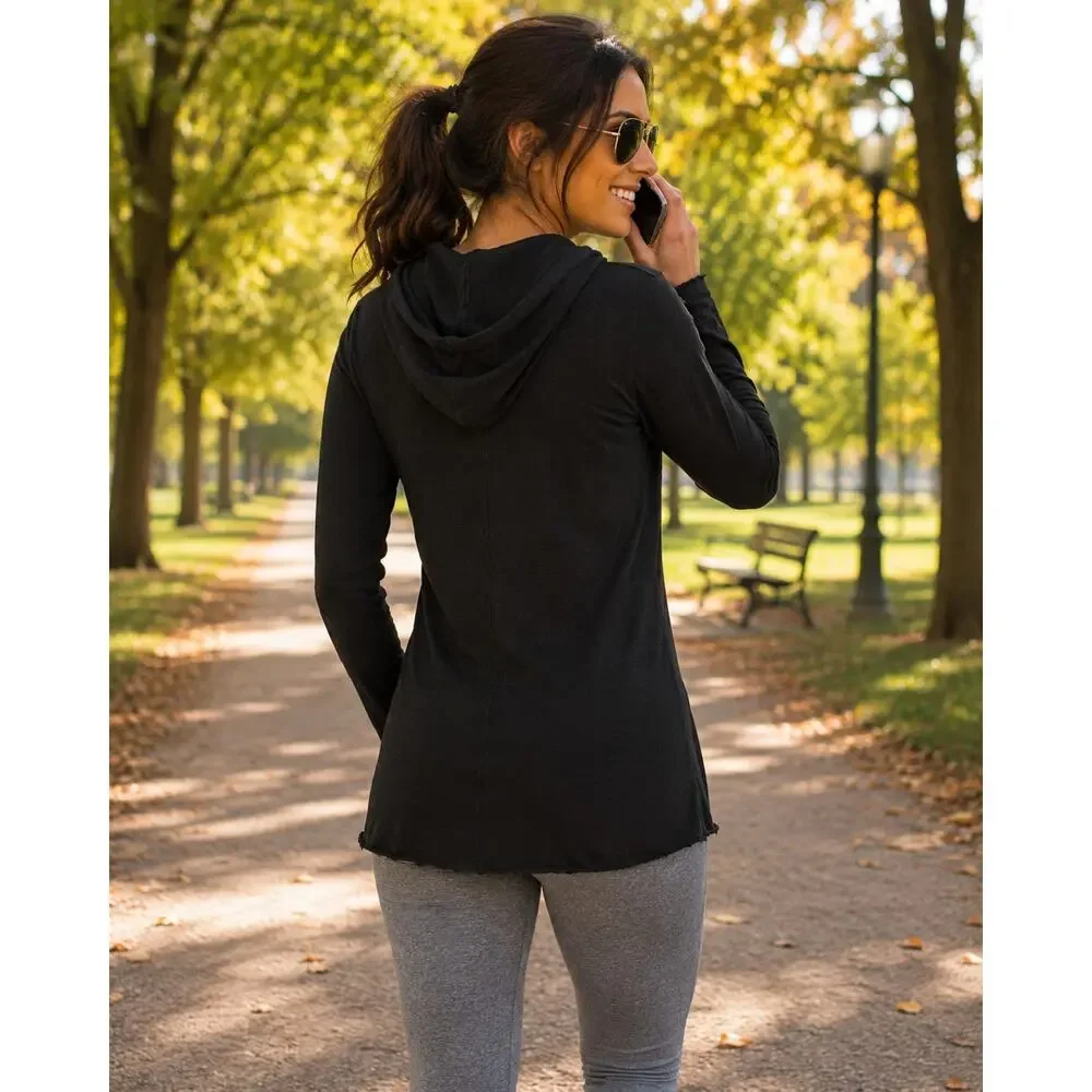 NWT Chaser Black Lightweight Pullover Hoodie Raw Hem Kangaroo Pocket Small - Picture 2 of 7